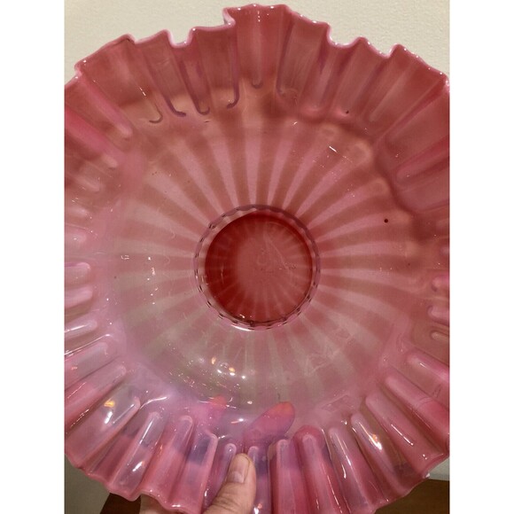 FENTON Cranberry Opalescent Striped Rose Overlay Ruffled Art Brides Bowl - Picture 9 of 16